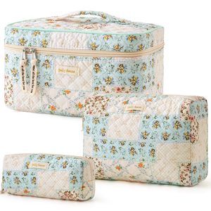 Quilted Makeup Bag, 3pcs Cotton Large Travel Makeup Bag, Cute Floral Coquette🐱